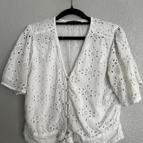 Abercrombie Fitch White Eyelet Button Up Tie Front Crop Flutter Sleeve Blouse S - Picture 2 of 10